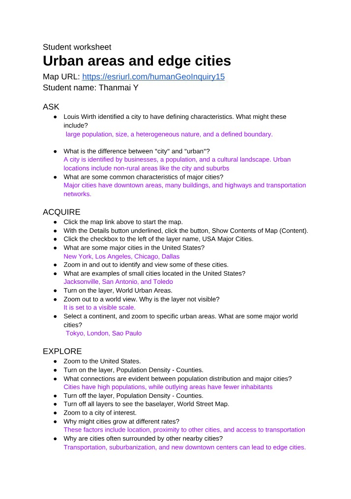 Worksheet on Urban Areas and Edge Cities