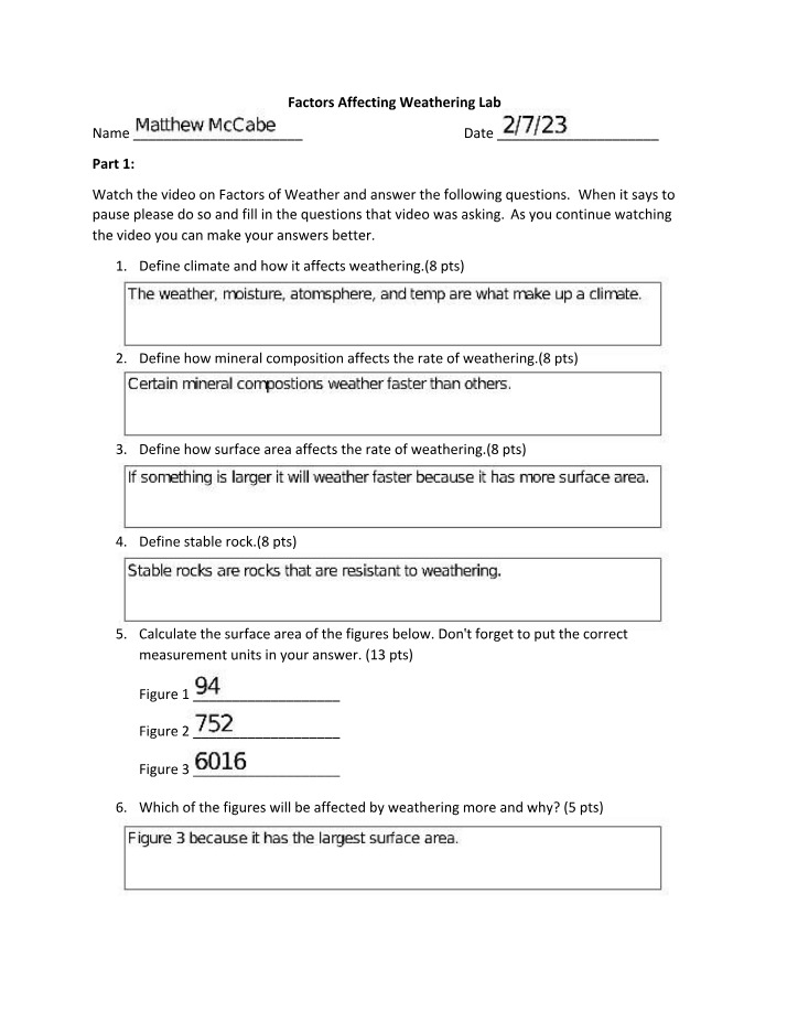 Lab Worksheet - Factors Affecting Weathering