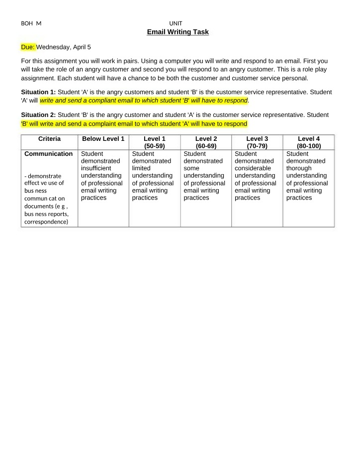 Writing Task for Email