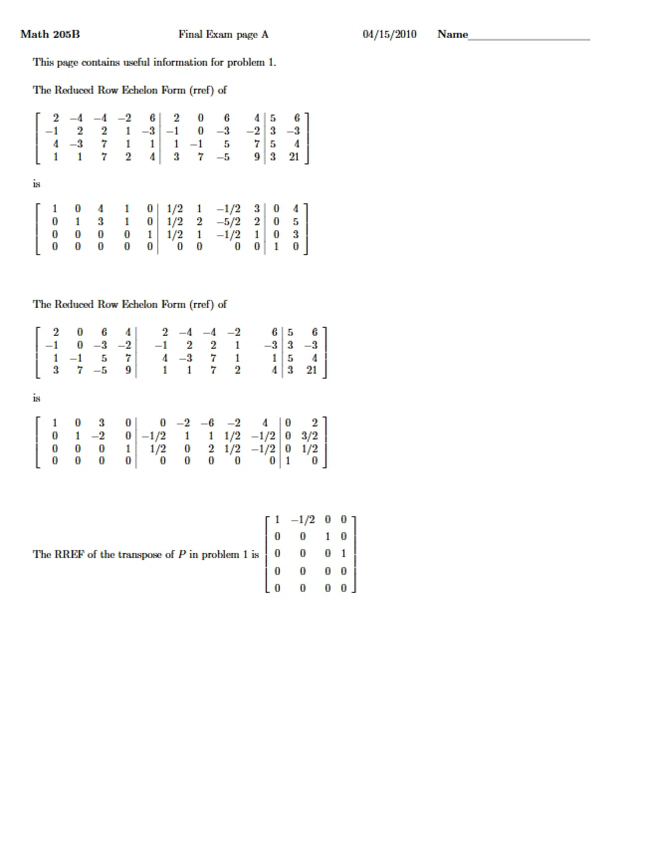 Linear Algebra Exam 041510 Ross 205