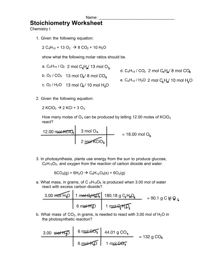 Worksheet on Stoichiometry