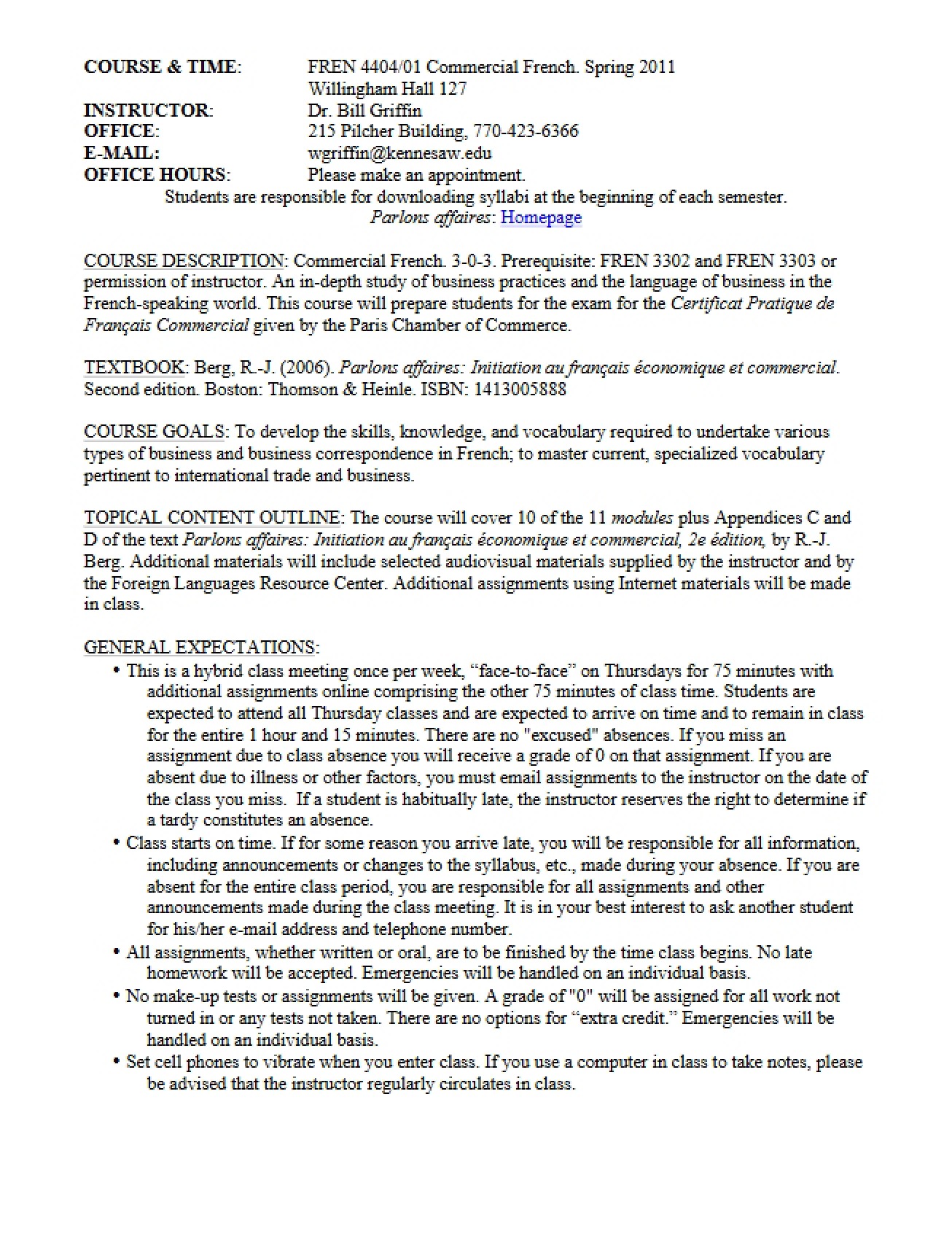 Course Outline for Commercial French