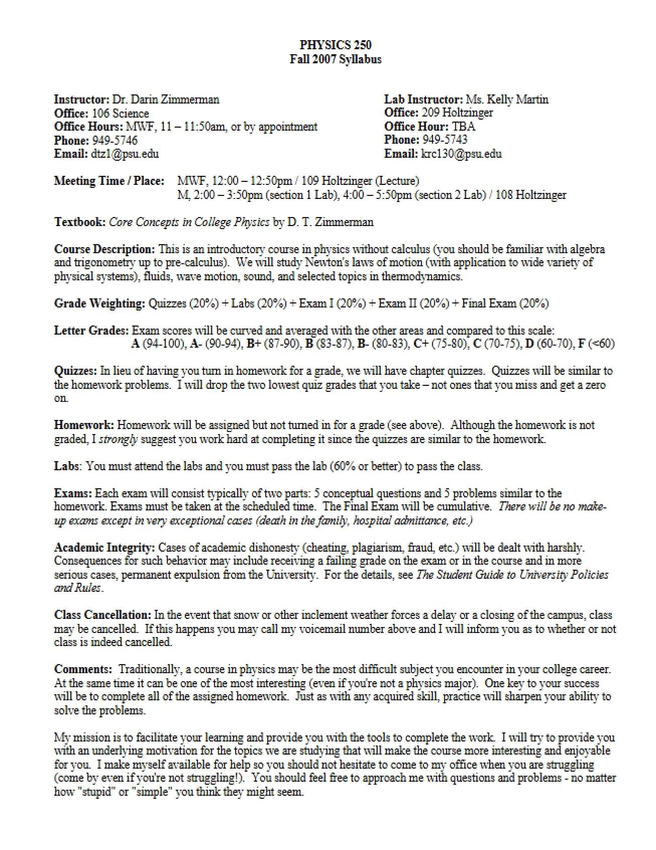 Fall 2007 Syllabus for PHYS 250