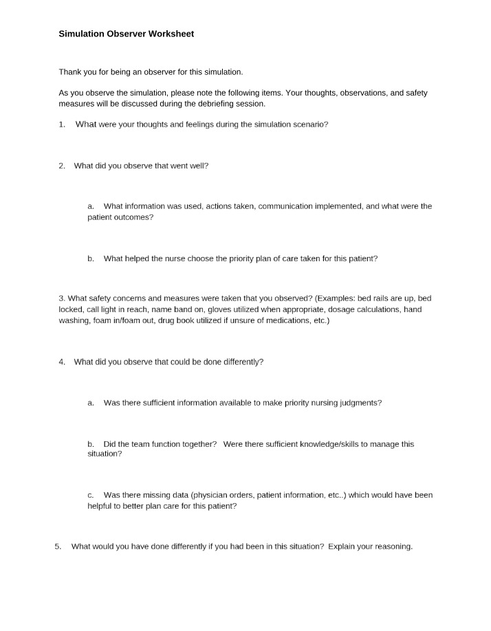 Worksheet for Simulation Observer