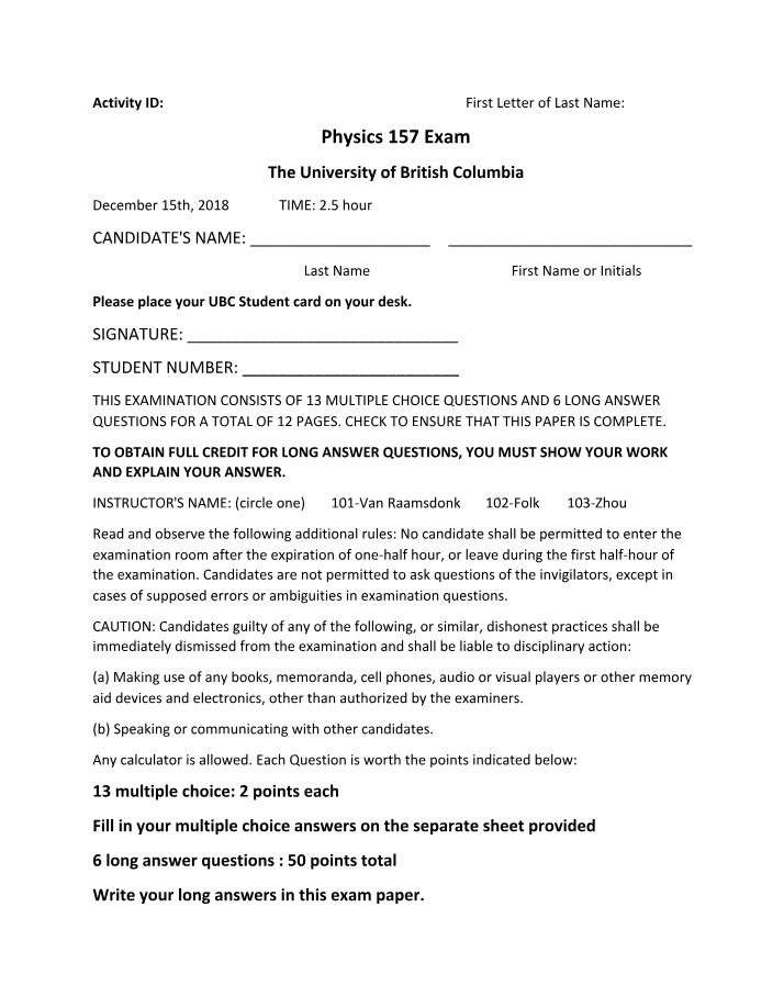 Physics 157 Exam - Multiple Choice and Long Answer Questions