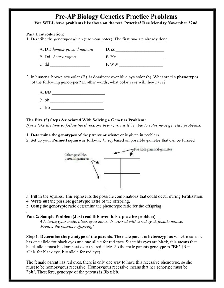 Genetics Practice Problems for Pre-AP Biology