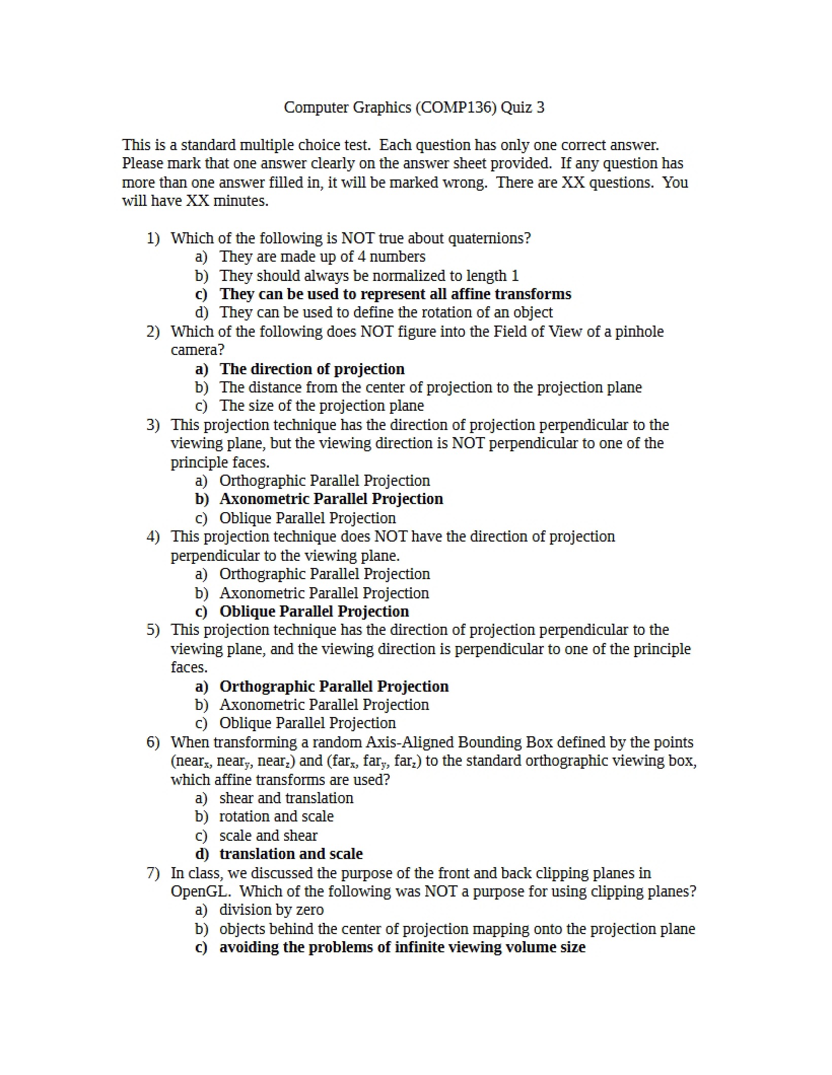 Quiz 3 Solutions in Computer Graphics