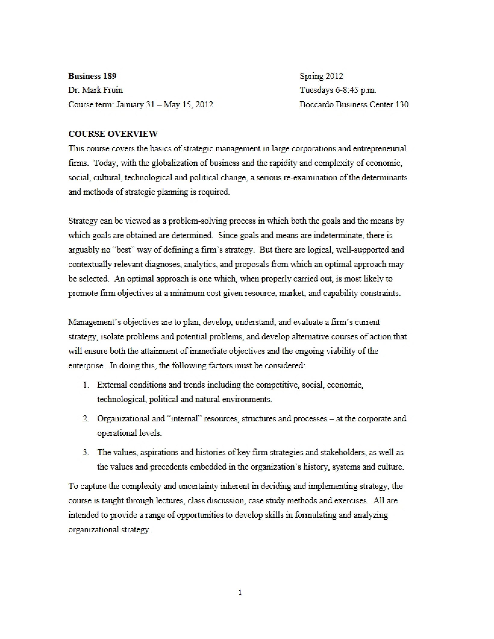Syllabus for Strategic Management