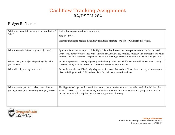 Cashflow Tracking Assignment BA DSGN 284 Final