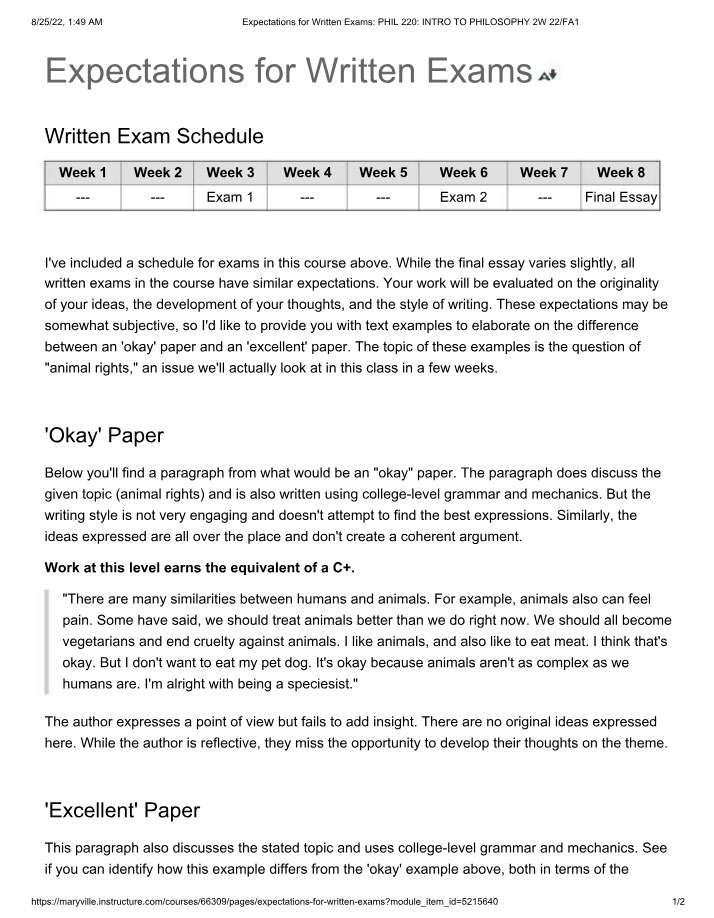 Written Exam Expectations