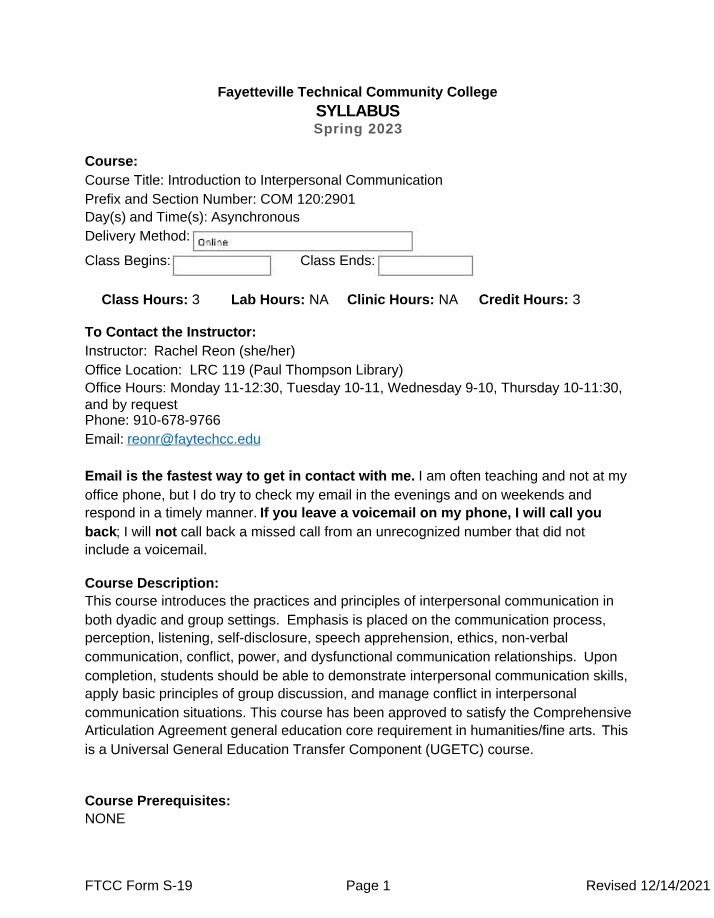 Introduction to Interpersonal Communication Syllabus