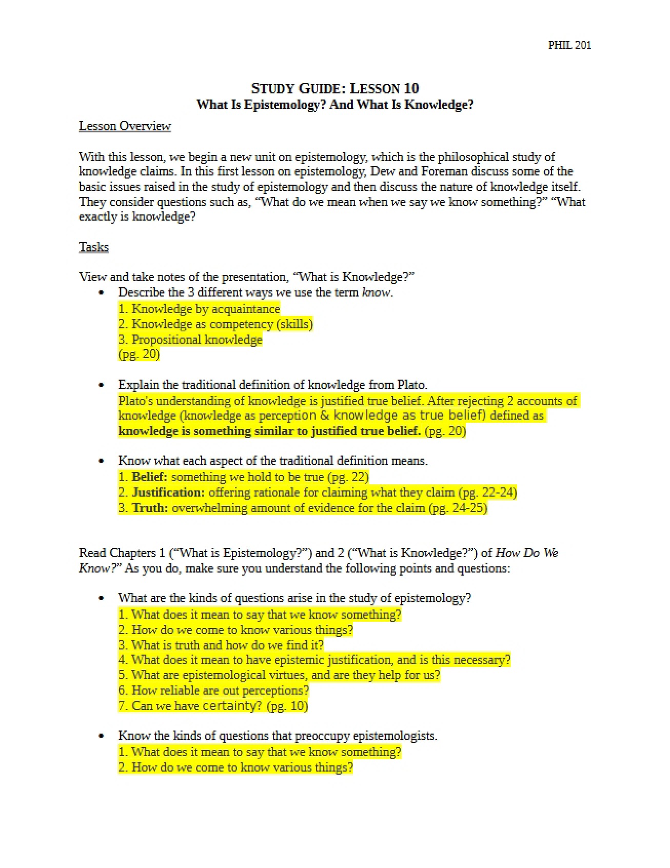 Study Guide for Philosophy Lesson Ten