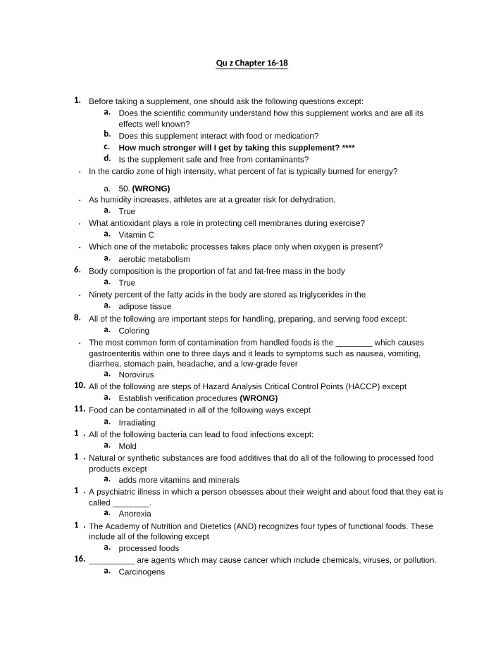Quiz on Supplements, Fat Burning, and Food Safety (Chapters 16-18)