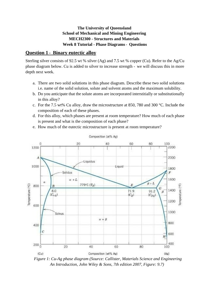 Week 8 Tutorial Questions - Phase Diagrams