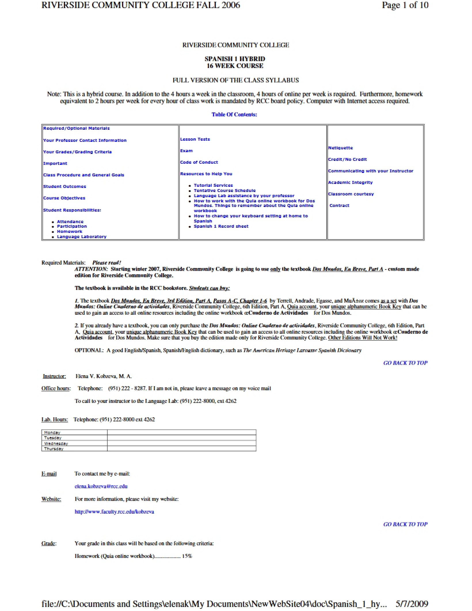 Syllabus for Spanish One - 10 Pages