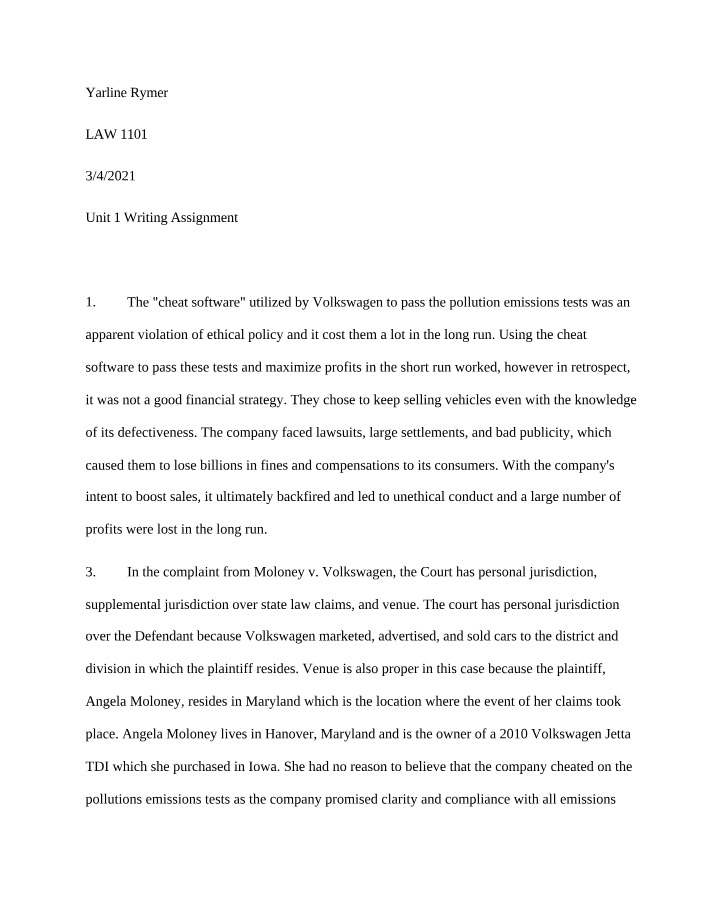 Volkswagen Emissions Scandal - Unethical Conduct and Billions Assignment
