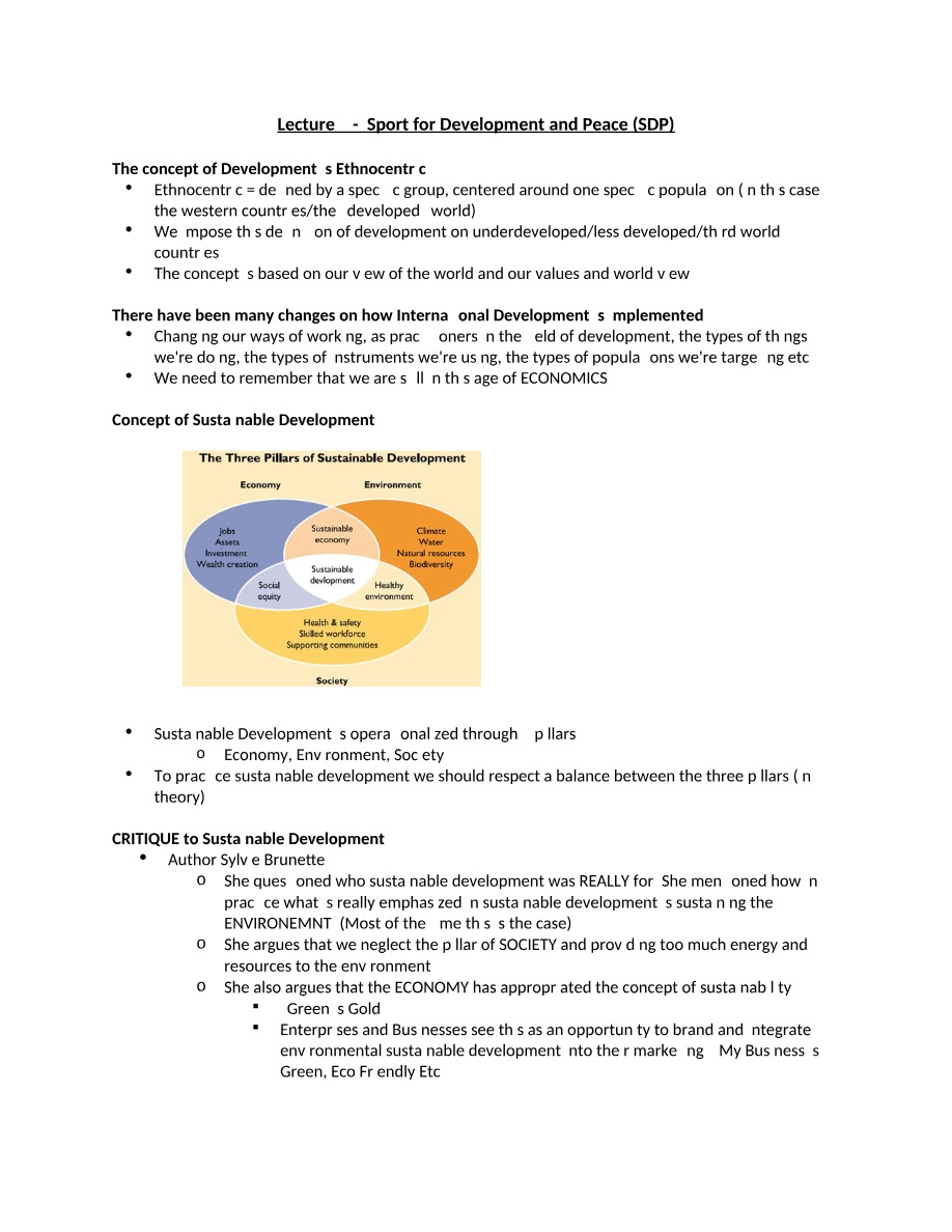 Lecture Notes - Sport for Development and Peace