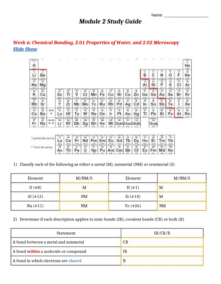 Study Guide - Properties of Water and Chemical Bonding