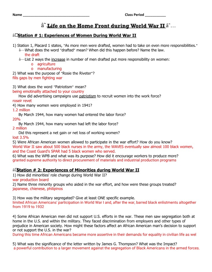 WWII Experiences - Roles of Women and Minorities