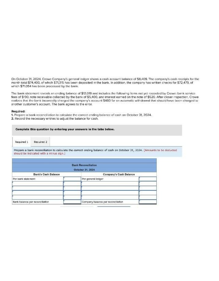 Crowe Company Bank Reconciliation Exercise - October 31 2024