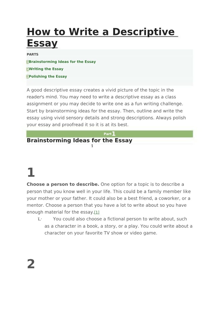 Descriptive Essay Writing - Brainstorming Ideas