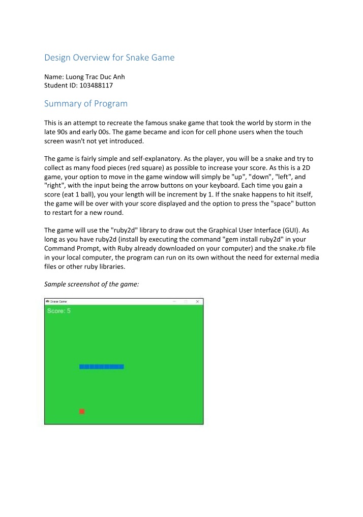 Snake Game Program and Design Overview