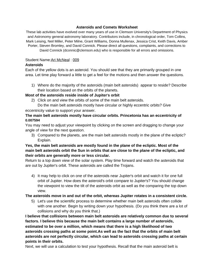 Worksheet on Comets and Asteroids