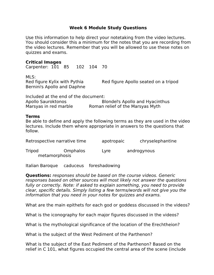Study Questions for Greek Mythology Terms, Iconography, and Epithets