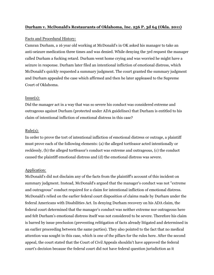 Case Summary - Durham v. McDonald's Restaurants of Oklahoma, Inc