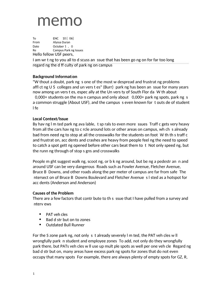 USF Campus Parking Issues Memo