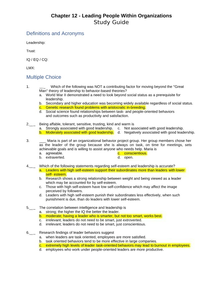 Leading People Within Organizations - Study Guide