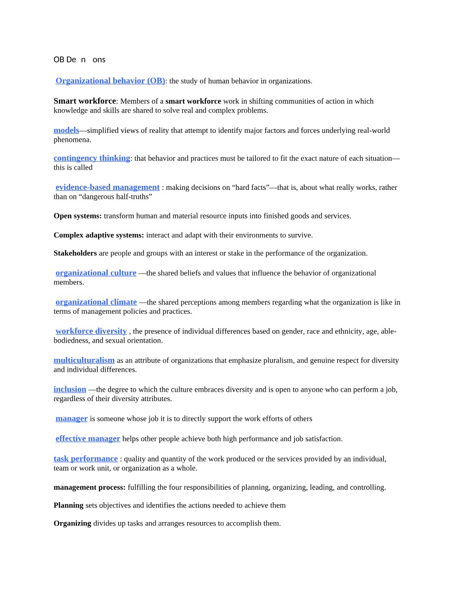 Organizational Behaviour - Definitions