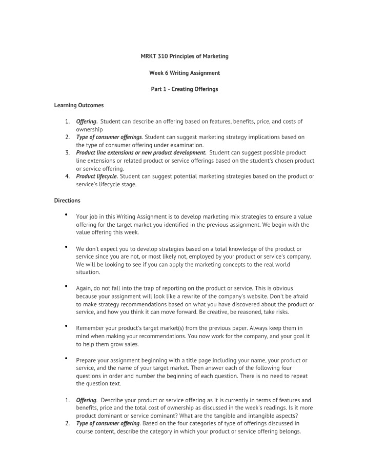 Principles of Marketing Writing Assignment - Week 6