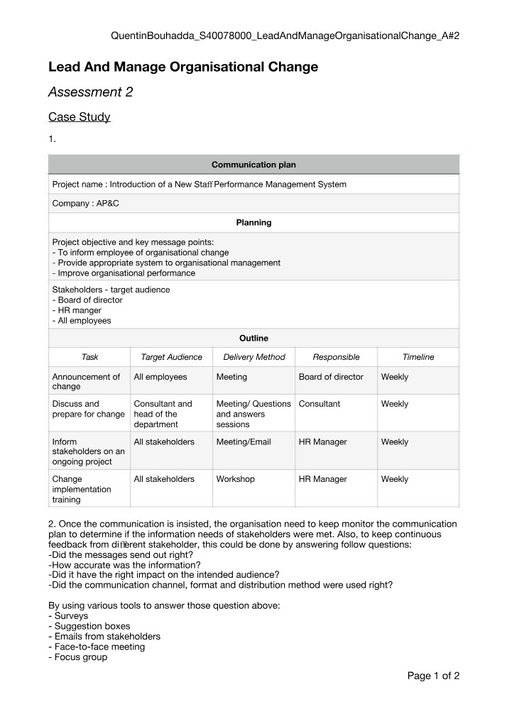 Lead and Manage Organisational Change - Assessment 2