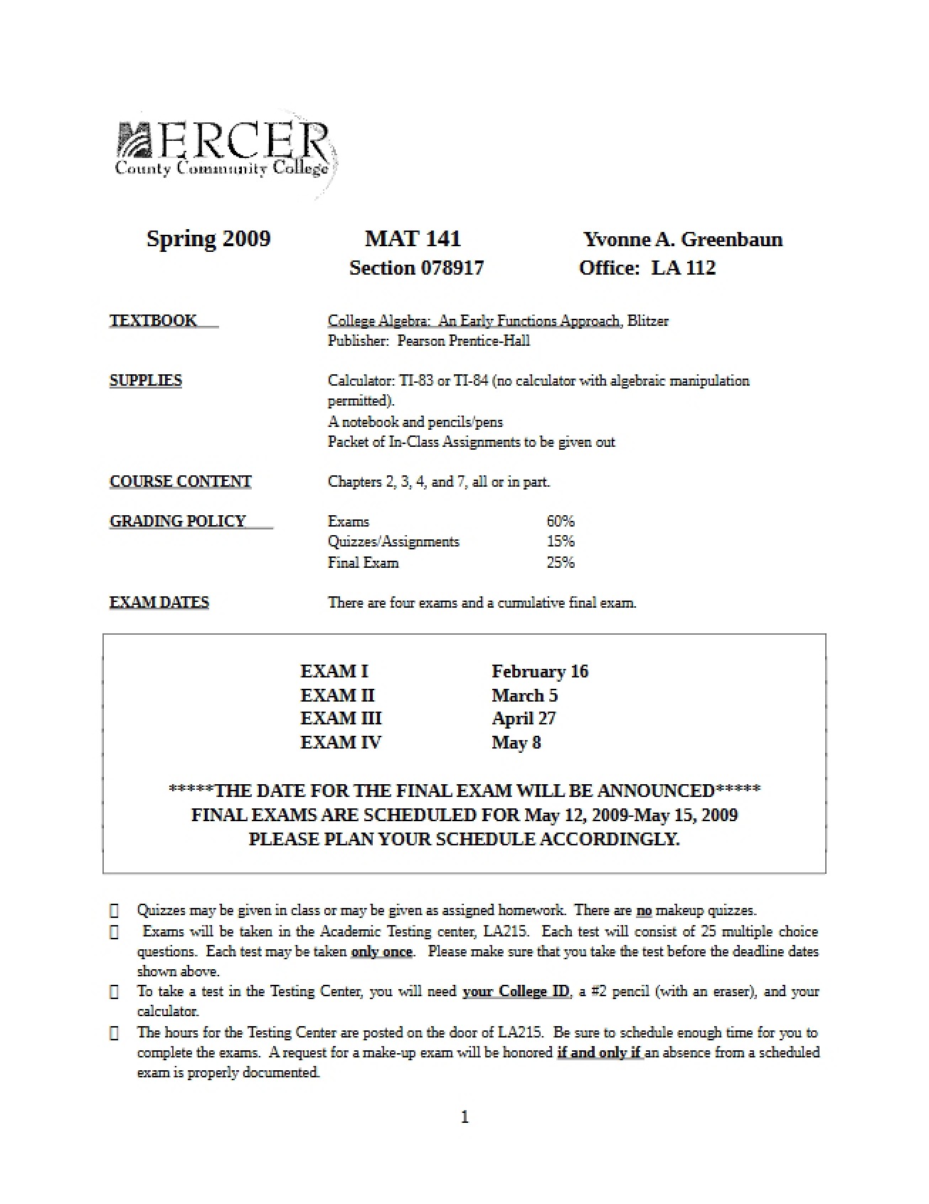 College Algebra and Applications Handout