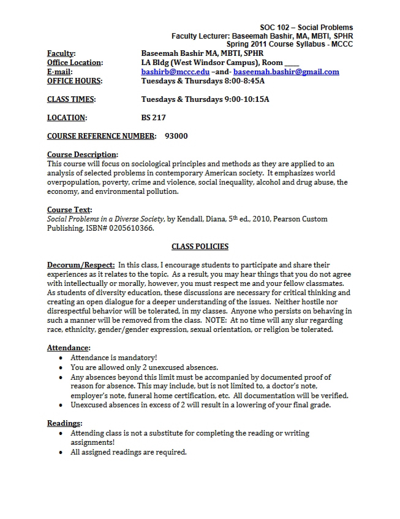 Syllabus for Social Problems