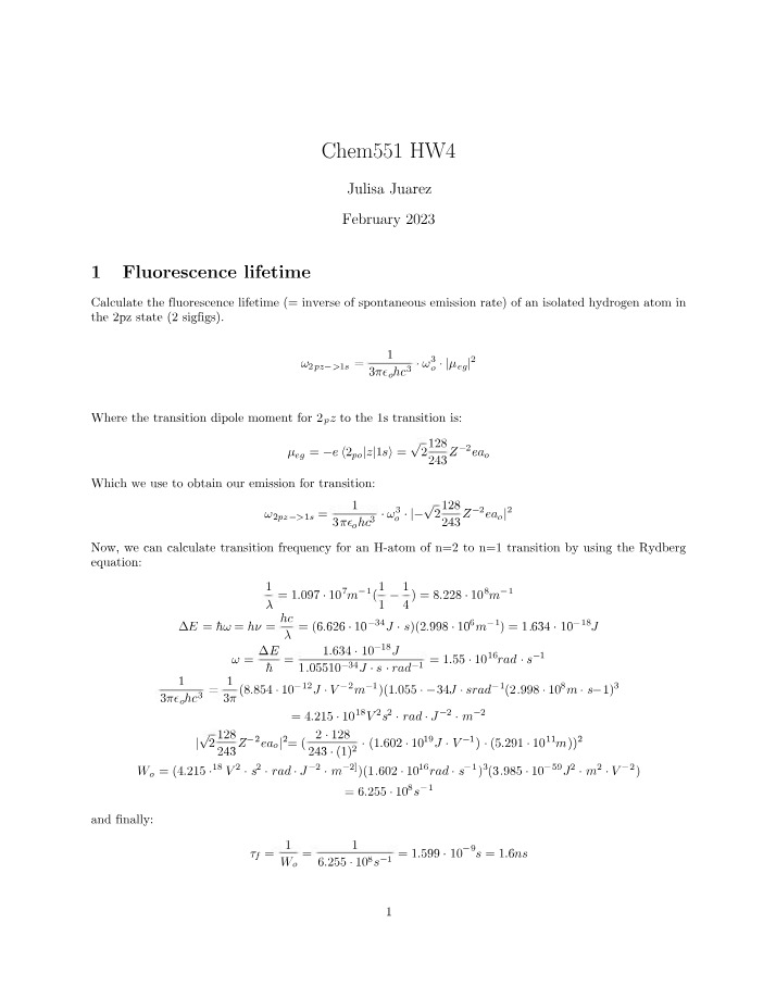 Calculation of Fluorescence Lifetime for Isolated Hydrogen Atom