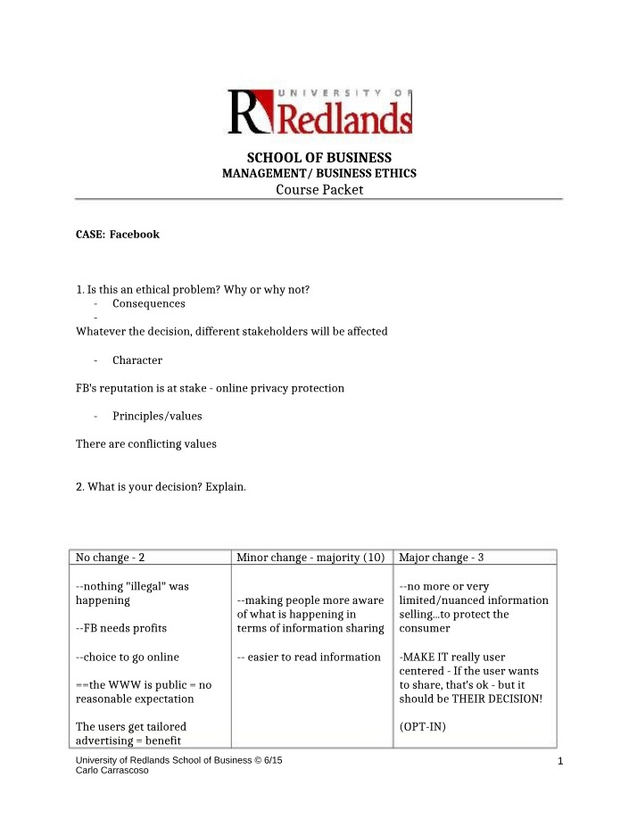 Facebook Case Study - Business Ethics Course Packet