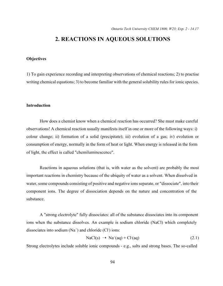 Reactions in Aqueous Solutions - CHEM 1800 Lab 2