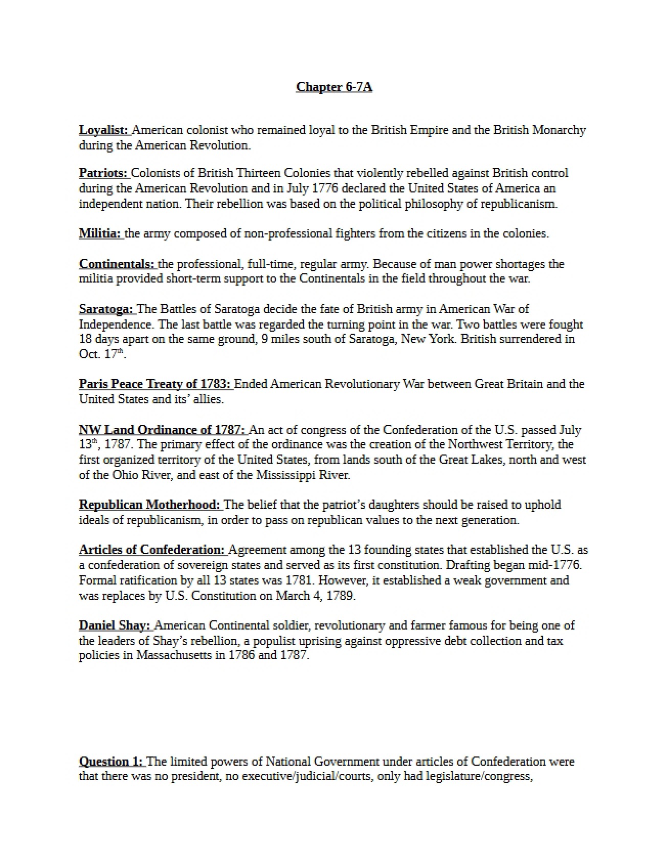Overview of Chapters 6 and 7A of a History of the United States II Course