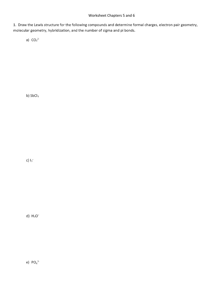 Worksheet on Molecular Geometry and Lewis Structures