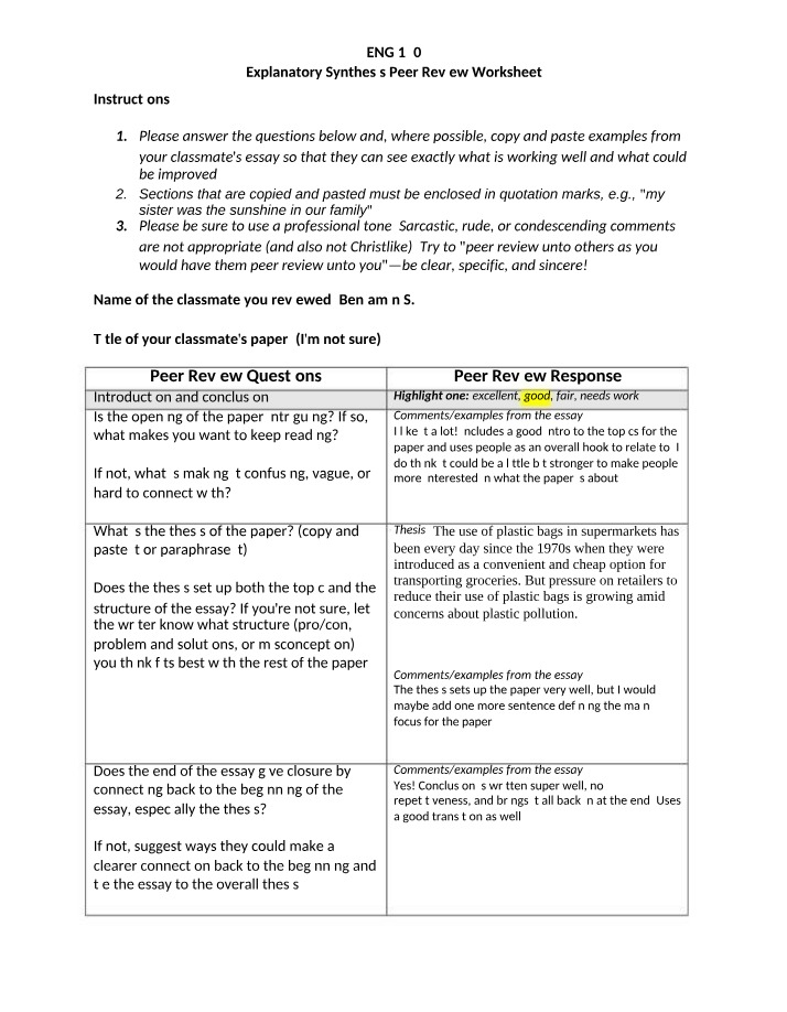 Worksheet for Explanatory Synthesis Peer Review