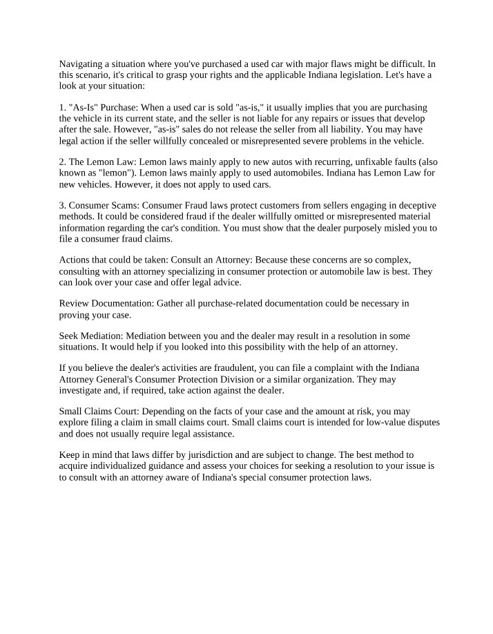 Consumer Protection for Used Car Purchase Rights in Indiana