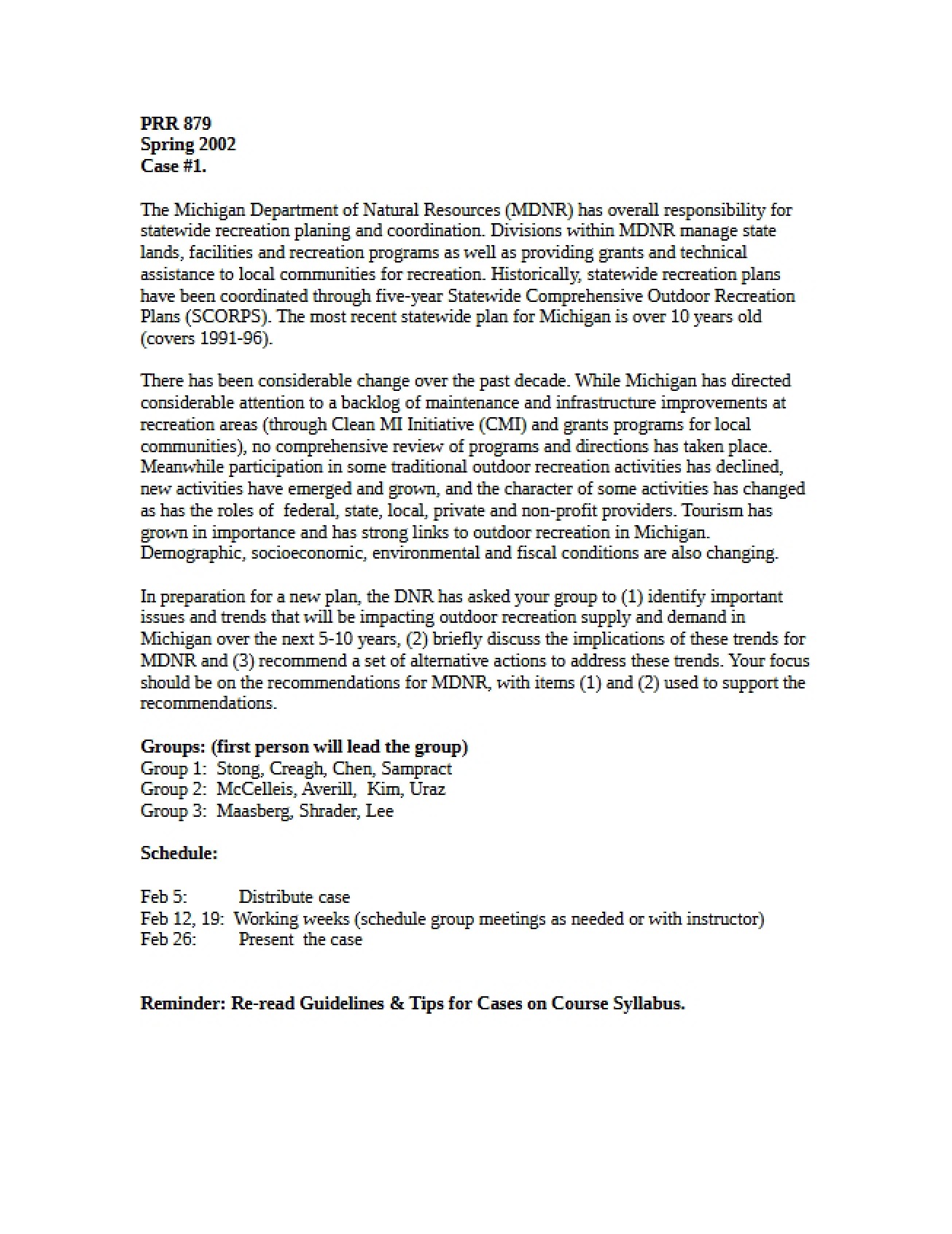 Case Studies in Recreation and Tourism Notes
