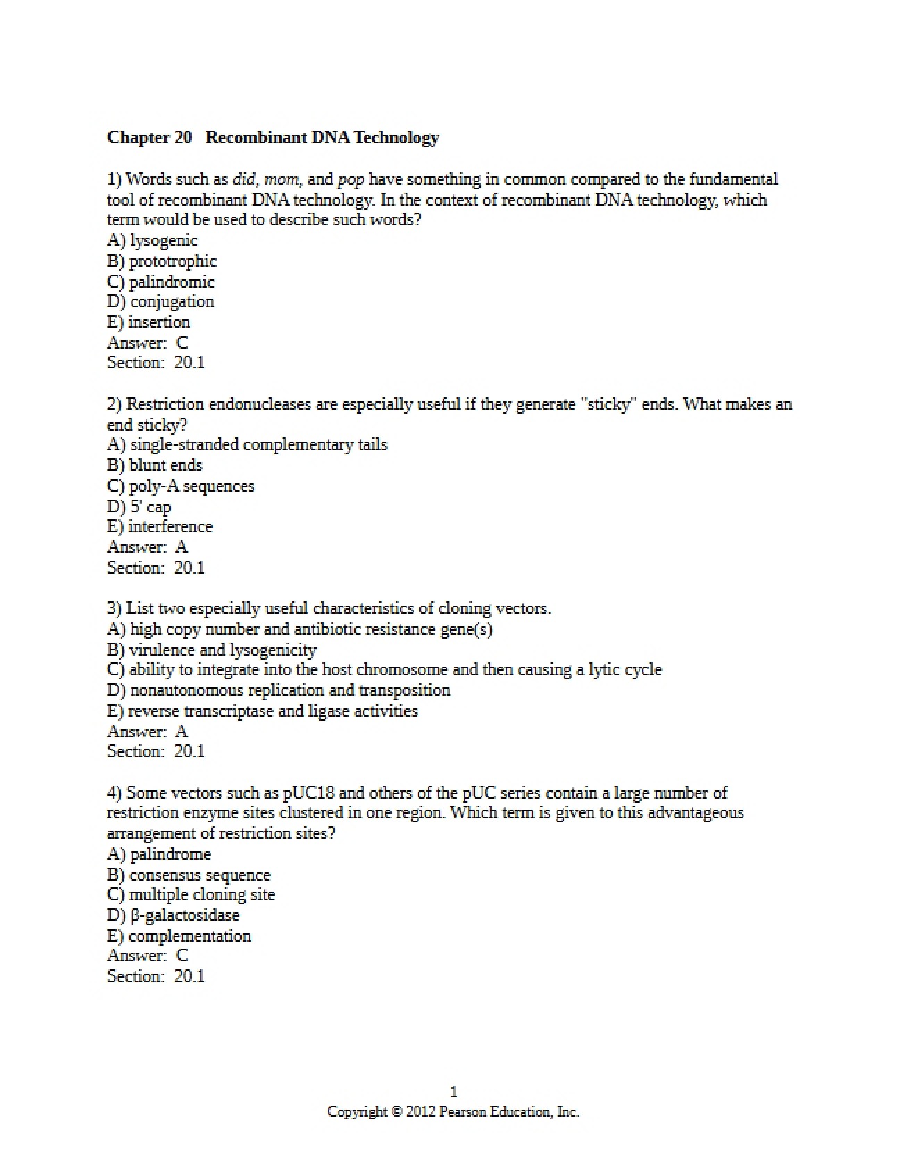 Technology of Recombinant DNA (Chapter 20)