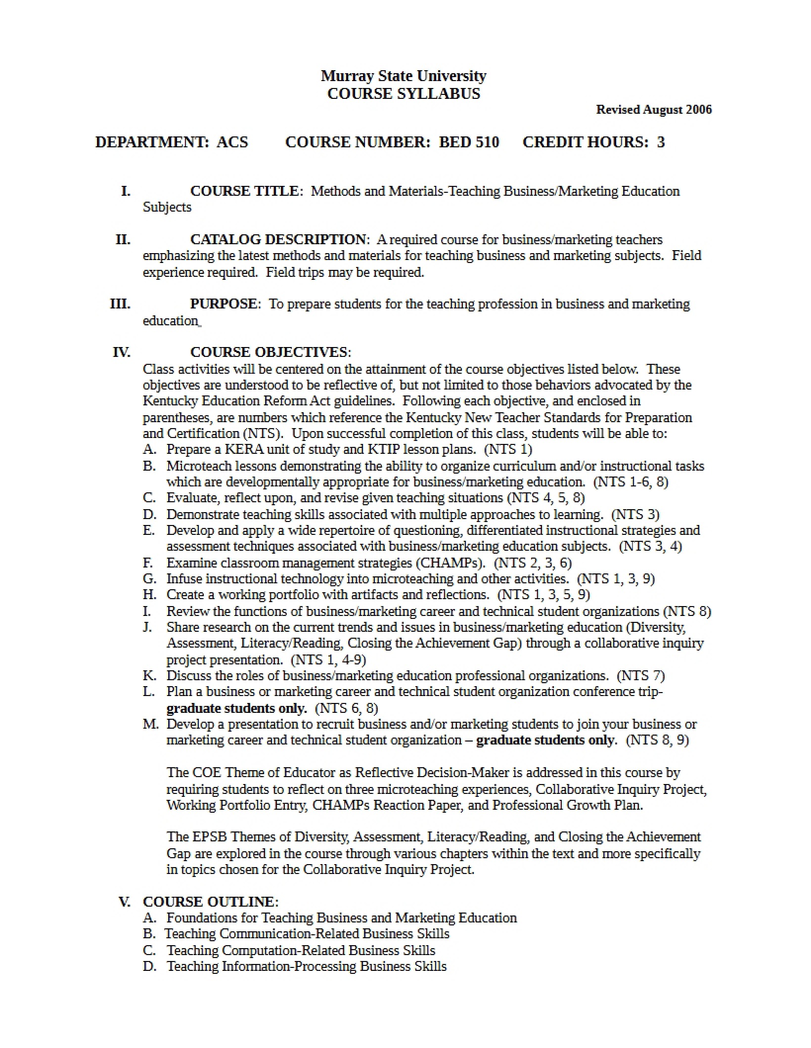 Syllabus - Methods and Materials-Teaching Business-Marketing Education Subjects