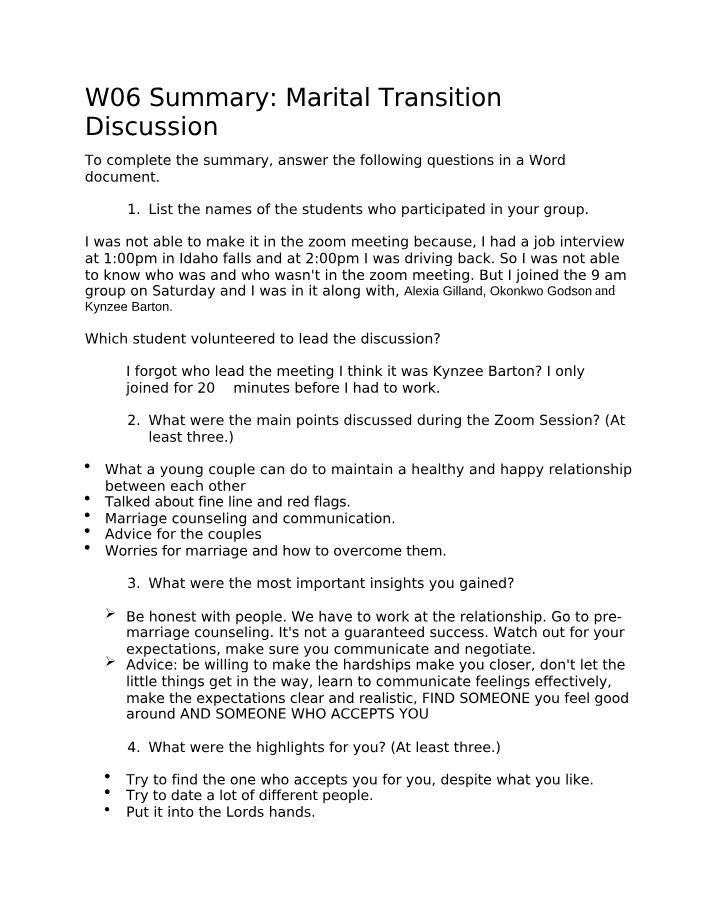 W06 Discussion Summary on Marital Transition