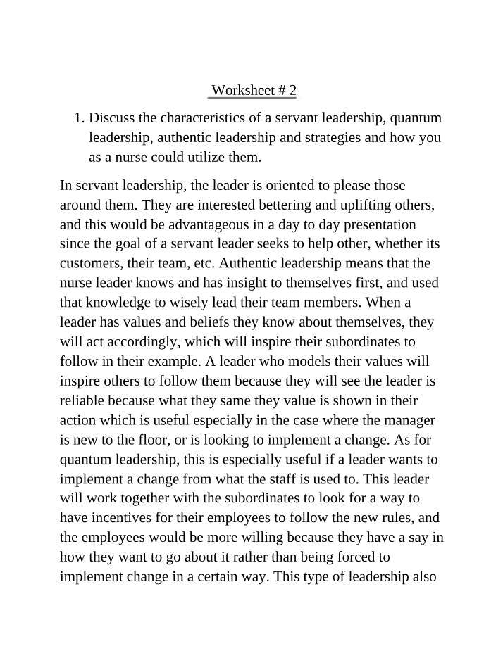 Worksheet on Leadership Theories and Emotional Intelligence in Nursing