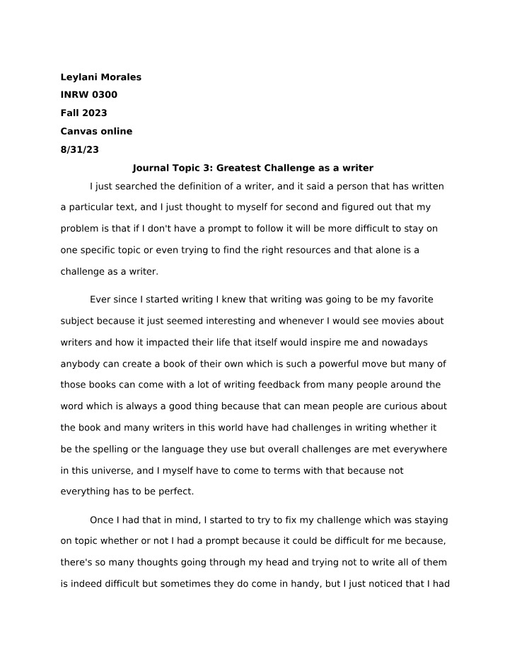 Greatest Challenge as a Writer - Journal Topic 3