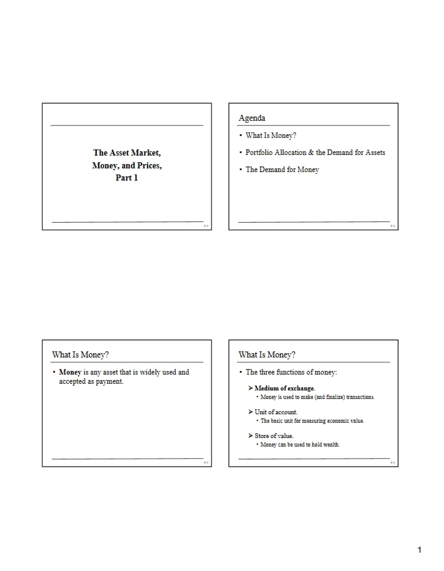 Part One Prices, Money, and Asset Market